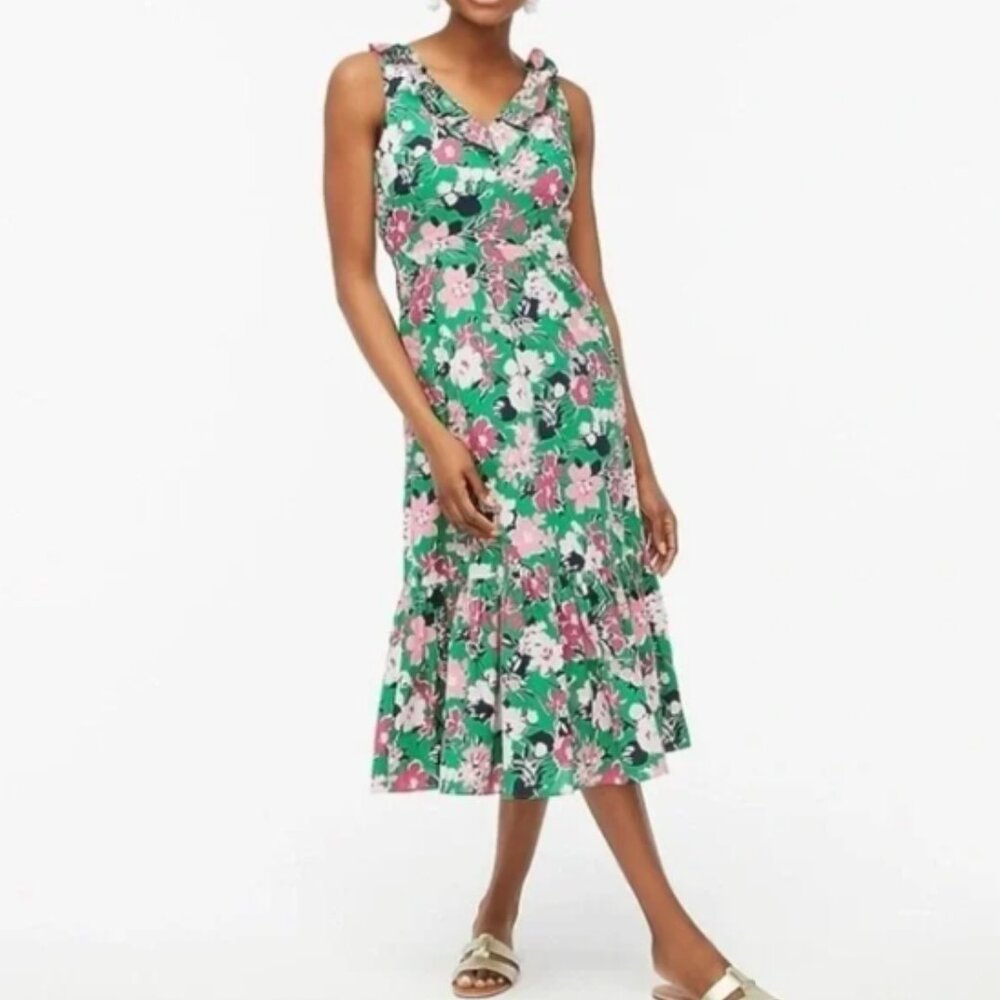 J.Crew Floral Tiered  Dress Plus Size 18 V Neck Ruffle Lined Pockets Sleeveless